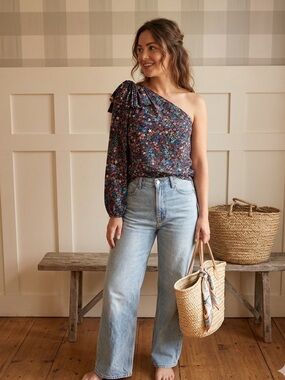J. Crew One-Shoulder Star Print Blouse in Black with Multicolor Stars 10
